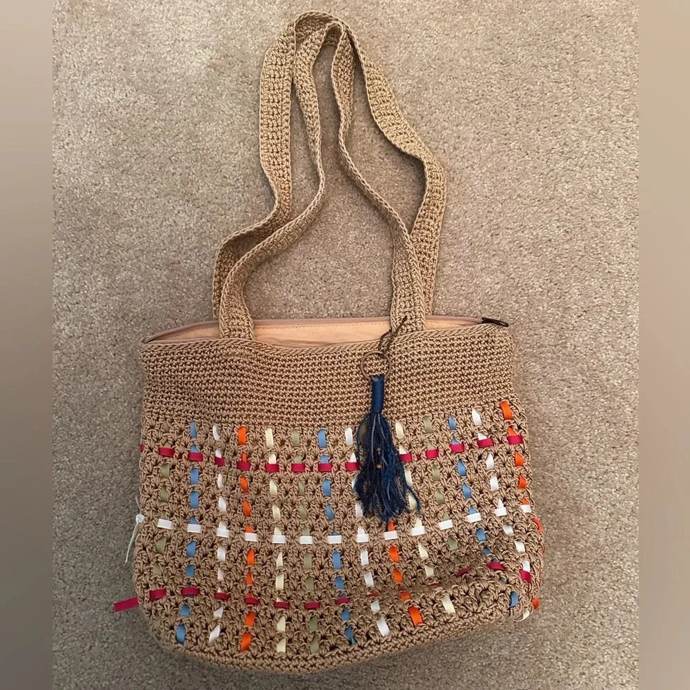 The Sak Y2K 90s Knit Crochet w/ Woven Ribbons Tan & Rainbow Purse. - Picture 1 of 10